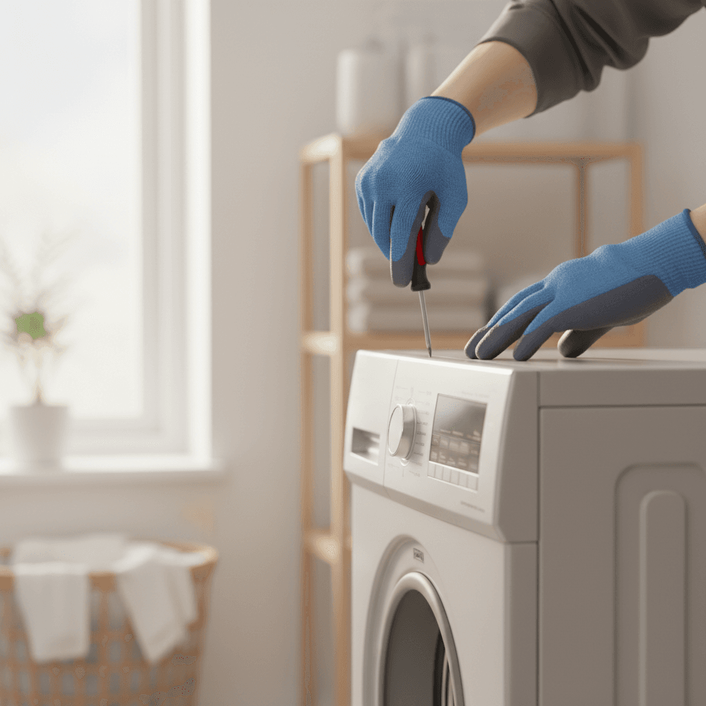 Technician repairing the back panel of a washing machine in a home laundry room