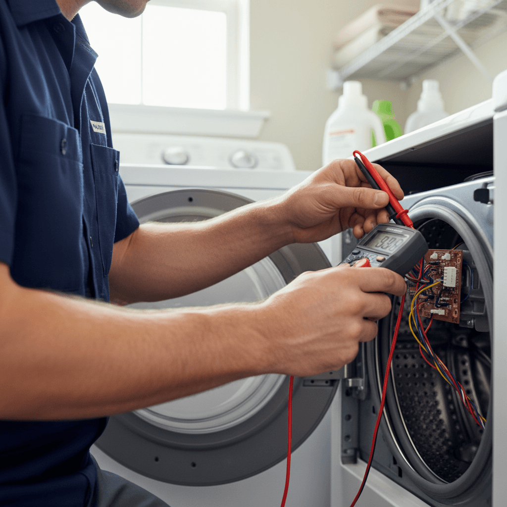 Technician's hands testing washing machine interior components with multimeter in residential laundry room
